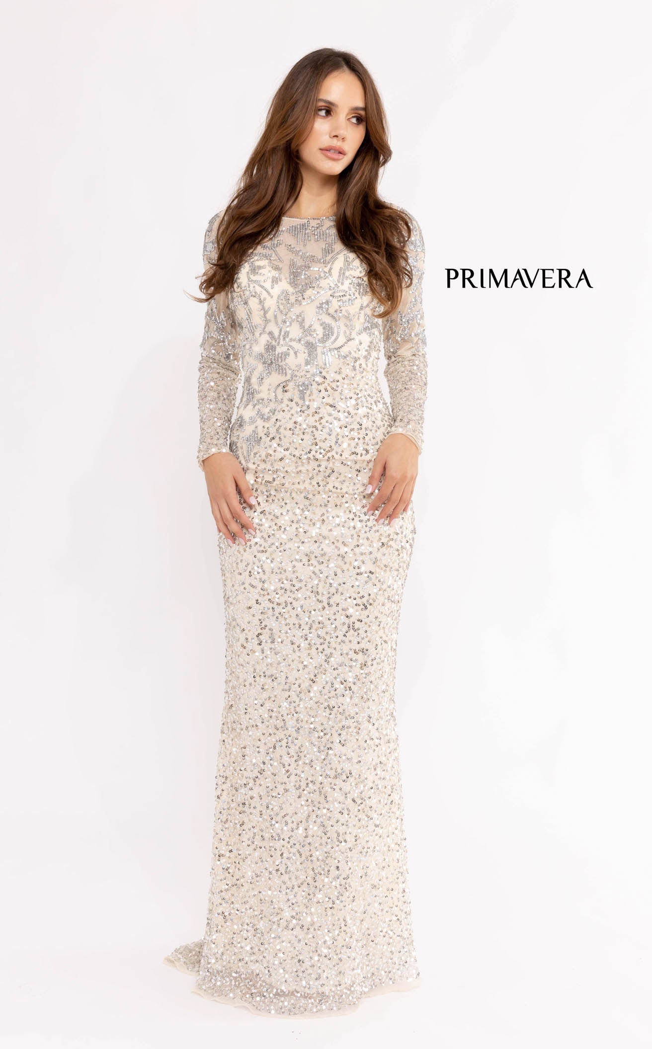 long sleeve white sequin maxi dress Primavera Couture 13105 Dress