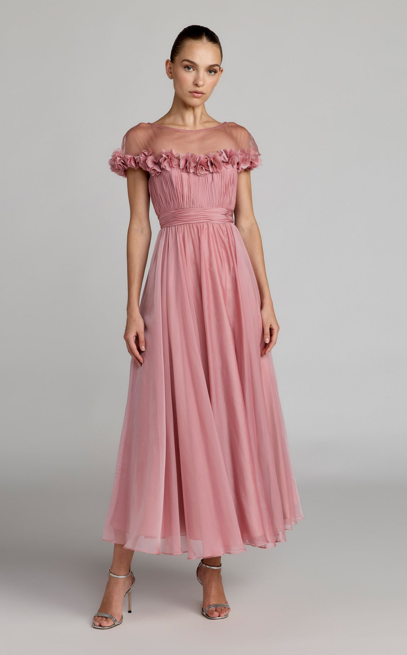 mac duggal rose gold dress Women's Chiffon Illusion Neck Midi with 3D Flowers - Pink - Size 8 Size:42