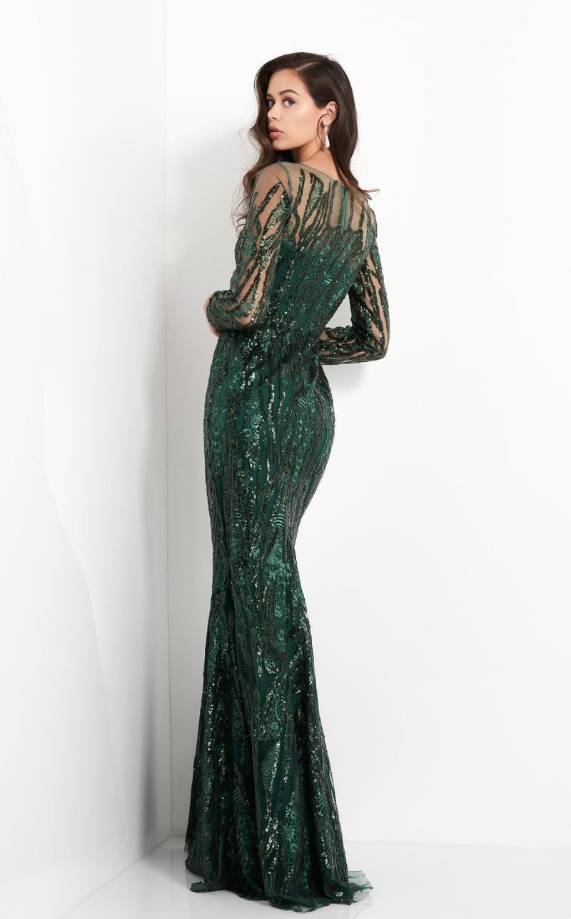 slim fit dress slacks Jovani -22770 Mermaid Plunging Sequin Prom Dress 0 / Green main image 0
