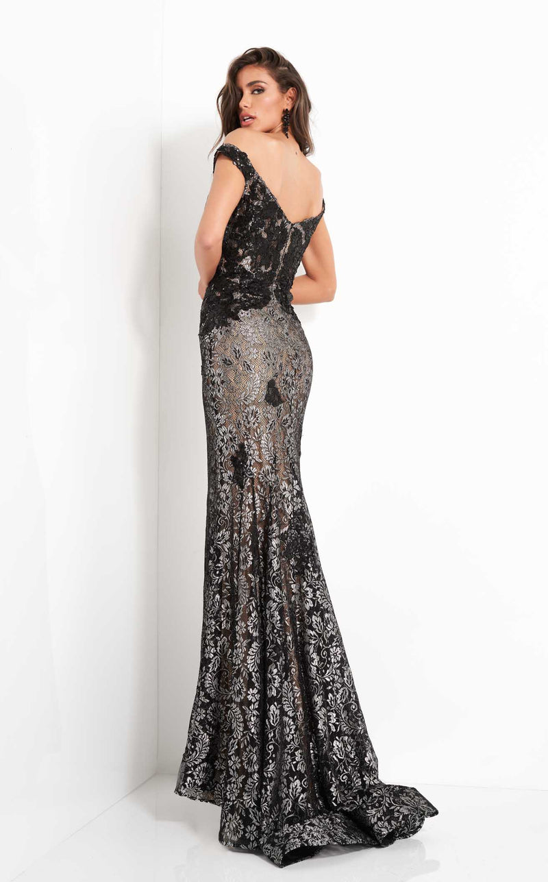 open lace back dress Jovani D5304 Size 12 Black Satin Fitted Corset Scoop Neck Prom Dress Large Bow Evening Gown Formal main image 0