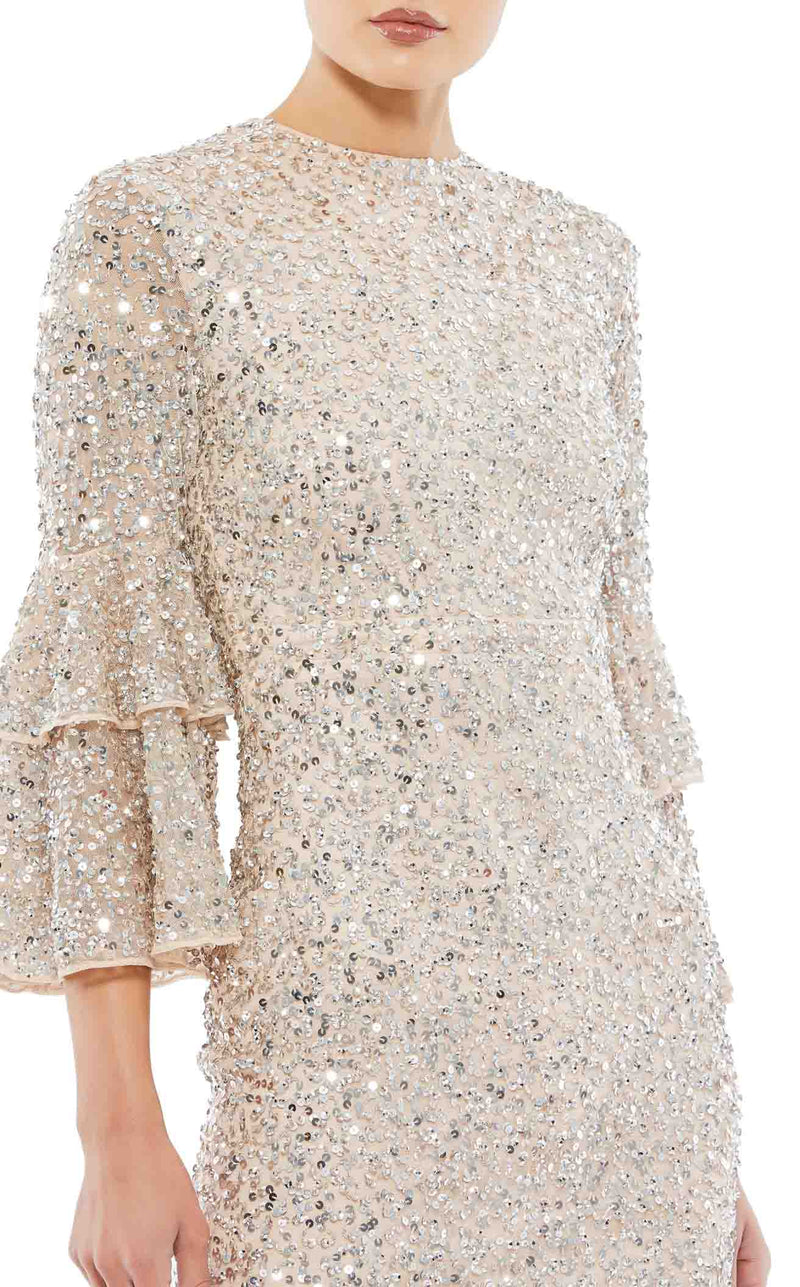 mac duggal puff sleeve sequin dress Embellished Mesh Long Sleeve V Neck Gown