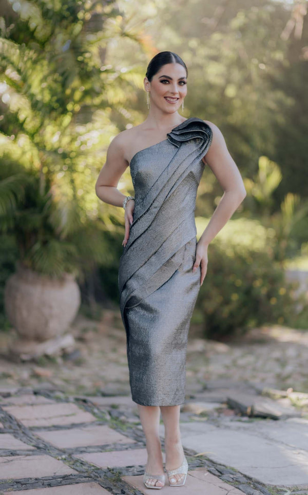 warehouse silver dress High Shine Metallic Satin Column Midi Dress