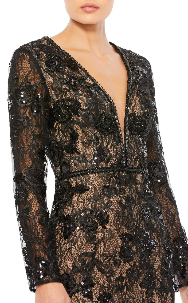 chinese dress ladies Mac Duggal Women's Embellished Lace Illusion Neck A-Line Midi Dress - Black main image 1