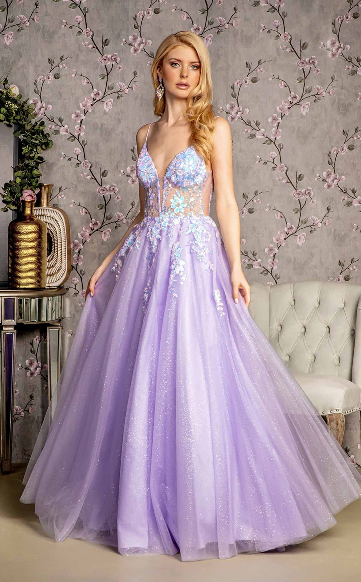 fitted lace wedding dress Purple Lace Half Puffy Half Sleeves V-Neck High Waist Formal Dresses, CP0779 Custom Size(Leaving A note) / Custom Color(Leaving A note) main image 1