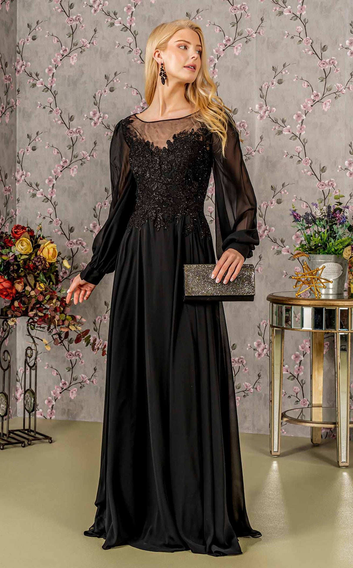 modest formal dresses with sleeves Long Sleeve Silver Evening Gown 5632GMS See long sleeve evening gowns with sequin bodices and plus long prom dresses with sleeves