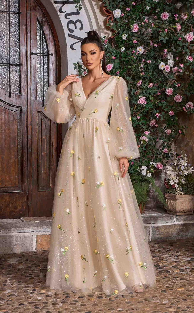 gold jadore dress J26033 Long Neckline Color:Champagne Print The Best Fall Dresses cat:Rino & Pelle