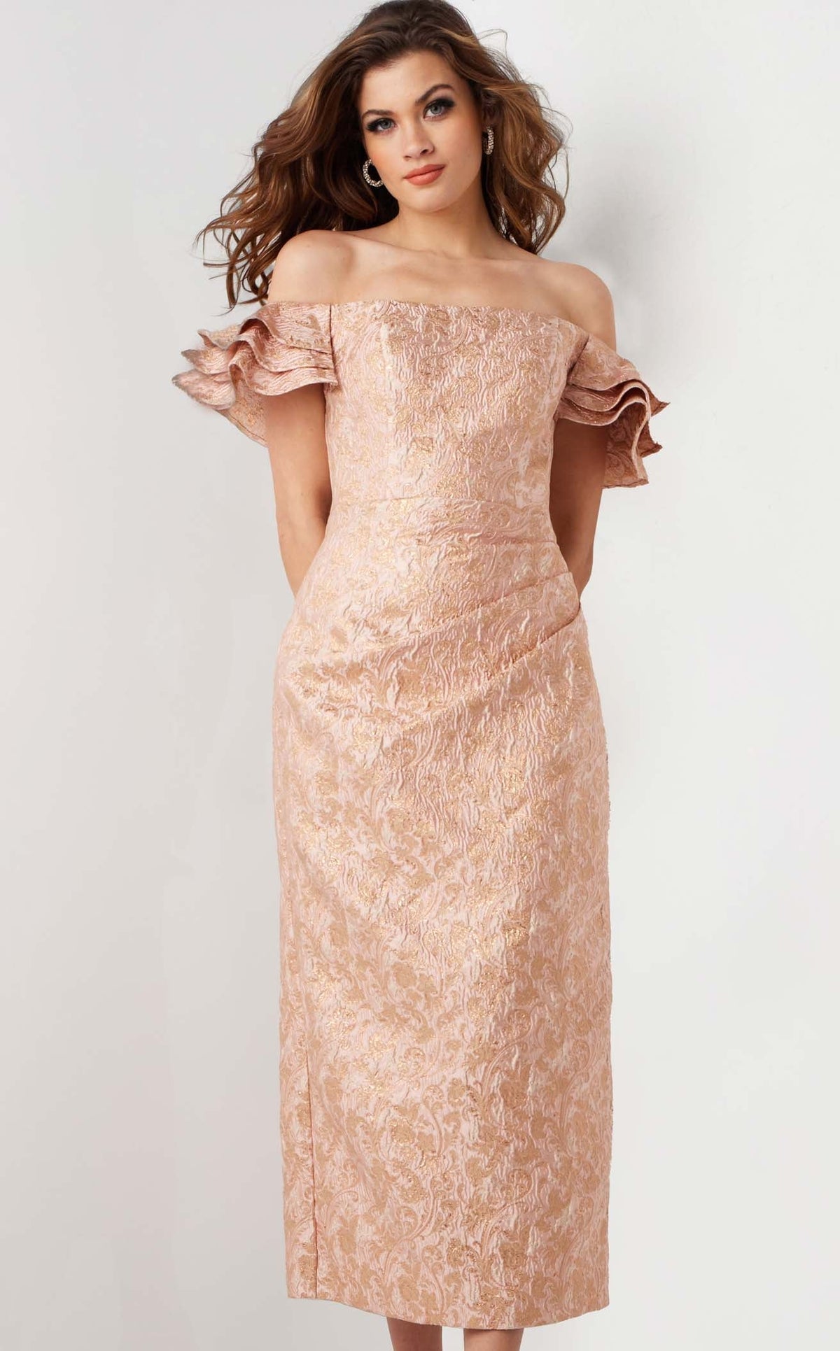 jovani rose gold sequin long dress Jovani 47793 Deep V Purple Sequin Gown with Side Cutouts Nude / Gold / 8 main image 1