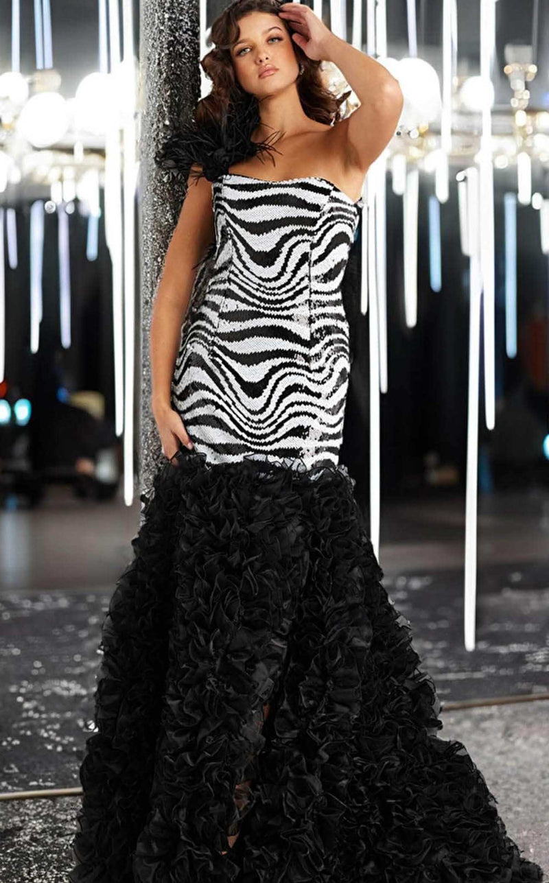 black and white jovani dress 38359 fitted silhouette hugs your Lola Dress w. Scarf ivory girl dress Size:2 USA
