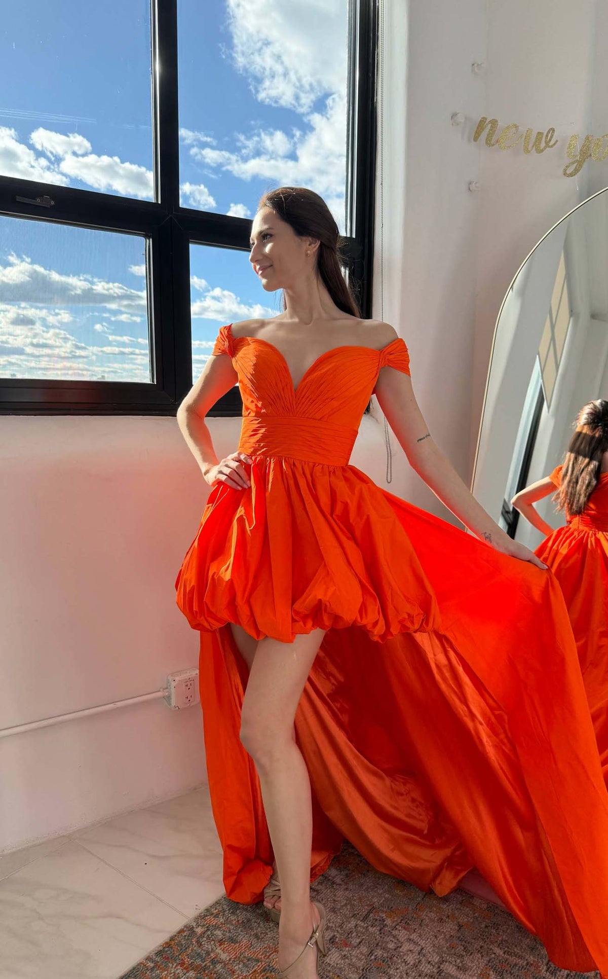 floor length high low dress High Low Long Sleeve Open Back Prom Dresses