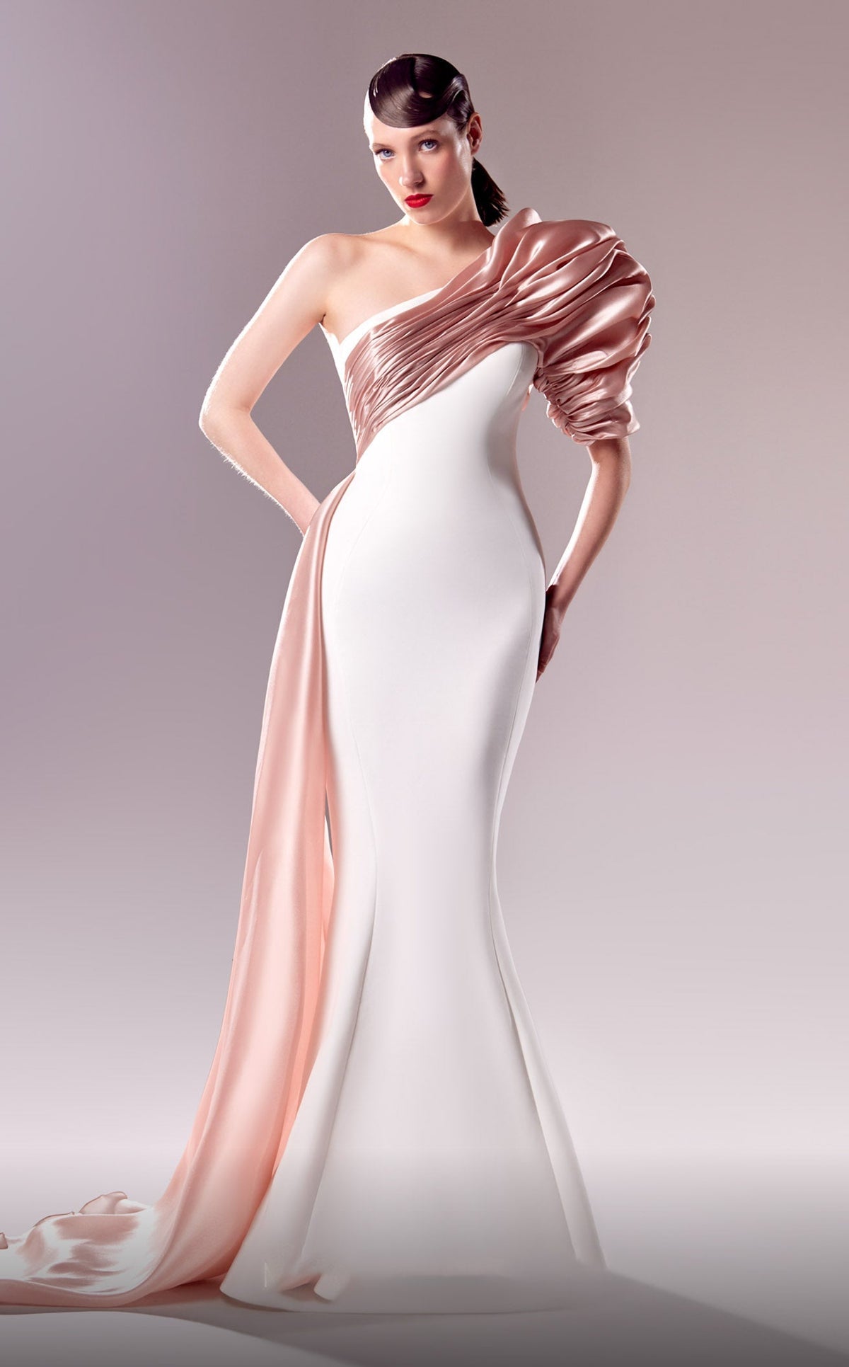cream lace evening dress MNM Couture N0676 Elegant Mermaid Couture Evening Gown with Twist Detail –  Mia Bella Couture