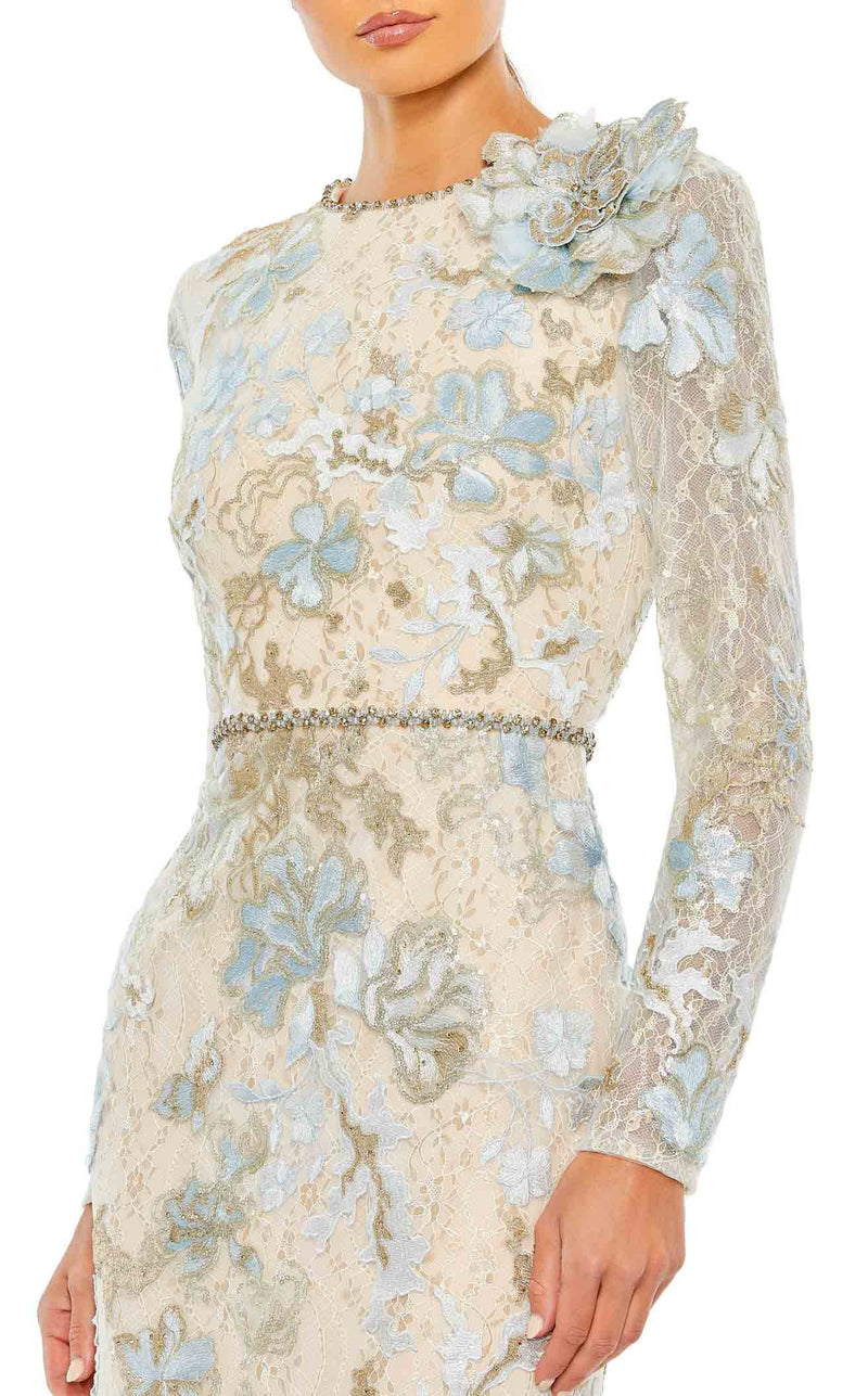 mac duggal blue embroidered dress Blue Embroidered Long Sleeve A-Line Gown