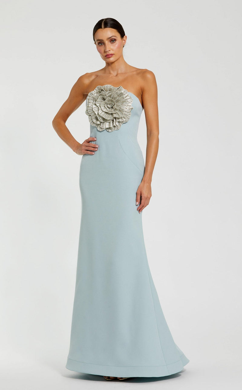 mac duggal powder blue dress Strapless Crepe Trumpet Gown with 3D Rhinestone Flower JLUXLABEL Anniversary Belted Wrap Long Fitted Dresses SIZE:28 this strapless midi