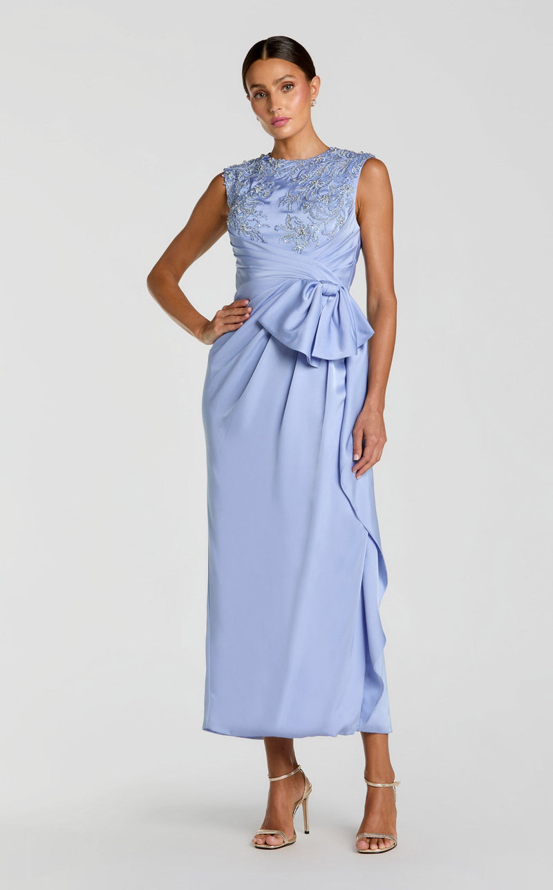 mac duggal powder blue dress Beaded Satin Midi with Bow seams that emphasize the FORMAL-DRESS-COLLECTION Size:S - M Gunia Birthday Dress For