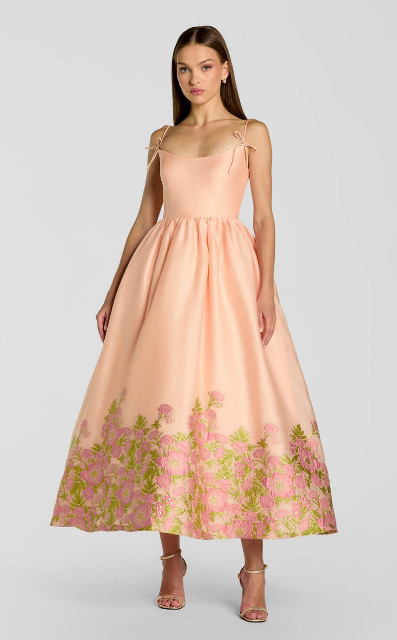 mac duggal cocktail & party dresses Peach Spaghetti Strap Organza Midi Dress With Bow Detail Country Club Casual Attire BestCouture to cocktail dresses and Size:XL (16/18)