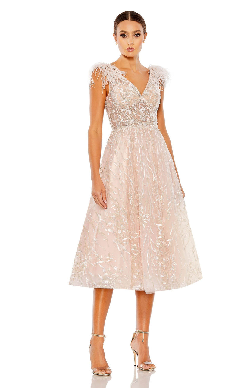 Mac Duggal Pink Embroidered Sleeveless Feather Detail Midi Dress Pink Size 8