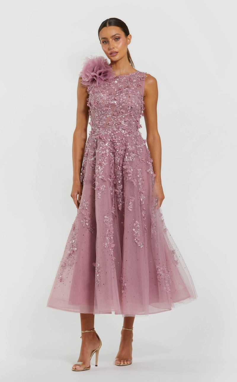 Mac Duggal - Purple High Neck Embellished Midi Dress with 3D Flower
