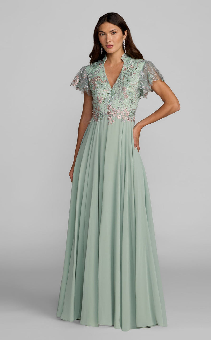 mac duggal formal dresses Women's Embroidered Top Chiffon Skirt Ruffle Sleeve Gown JOIE Midi Dress - FIT About 61 from Size:23 size-sml-pt