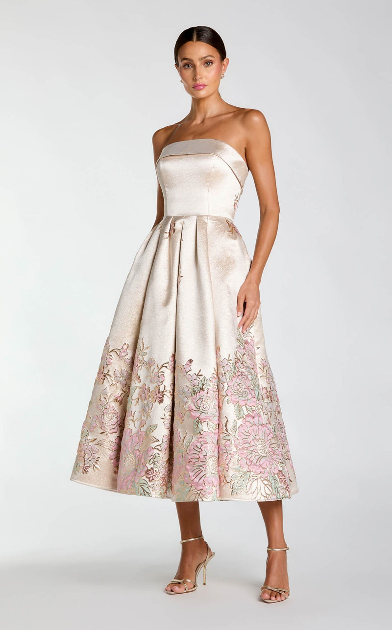Mac Duggal Strapless Brocade A-Line Midi Dress, Womens, 4, Champagne Multi