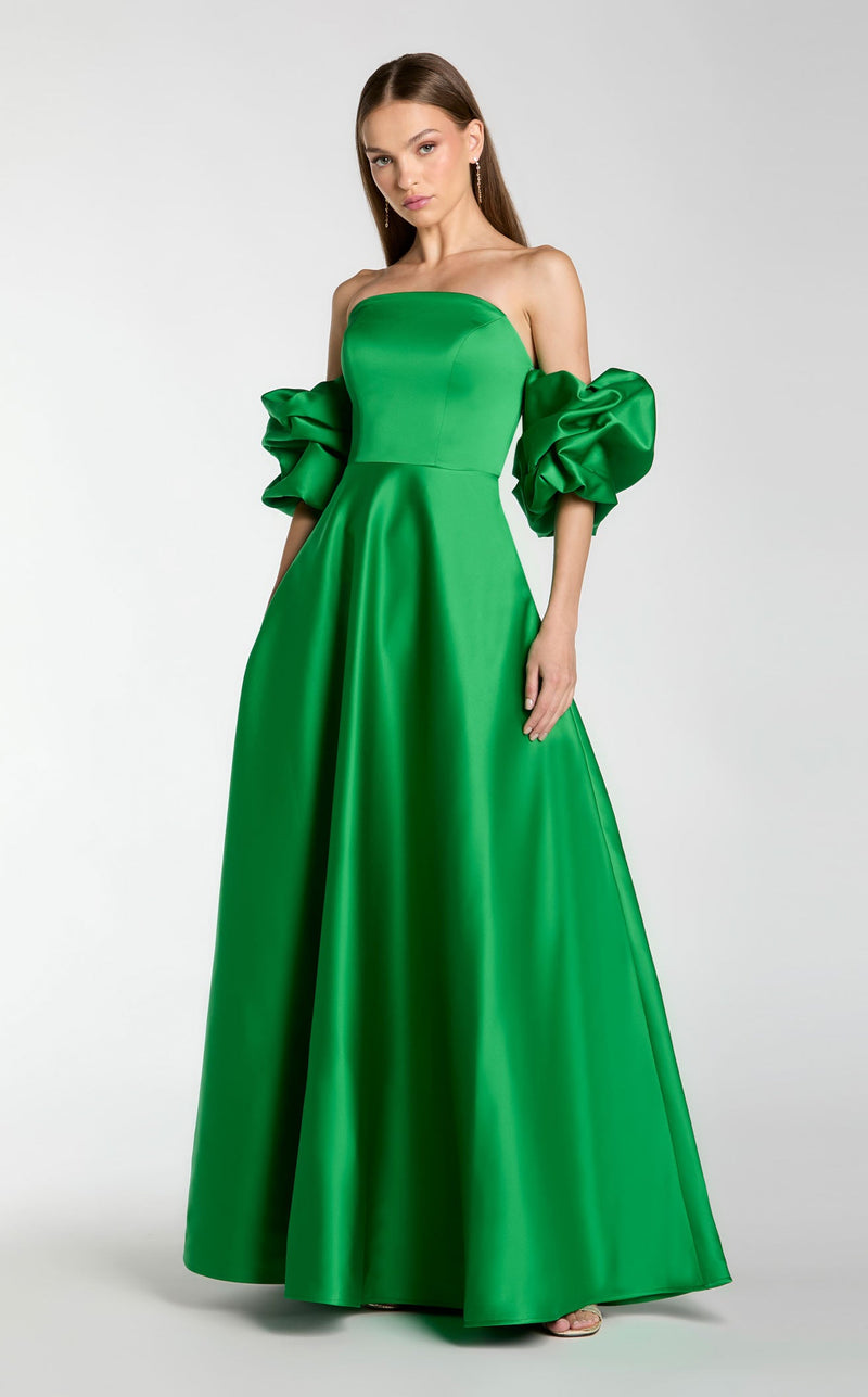 Ieena for Mac Duggal - Green Satin Off The Shoulder Puff Sleeve Ball Gown