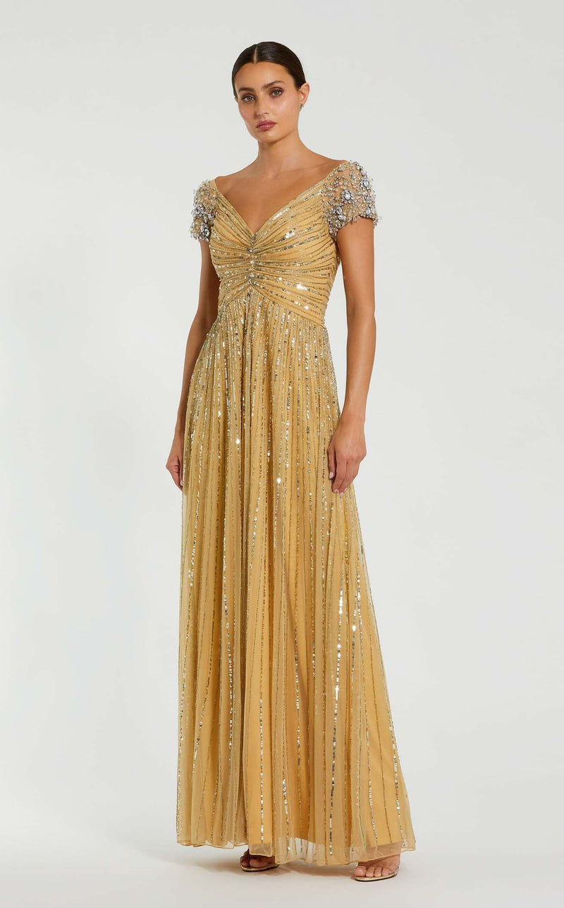 mac duggal dresses gold 23042 - Long Embellished Mesh A-line Dress RetailPrice:89.99 My Actual Bust is:66