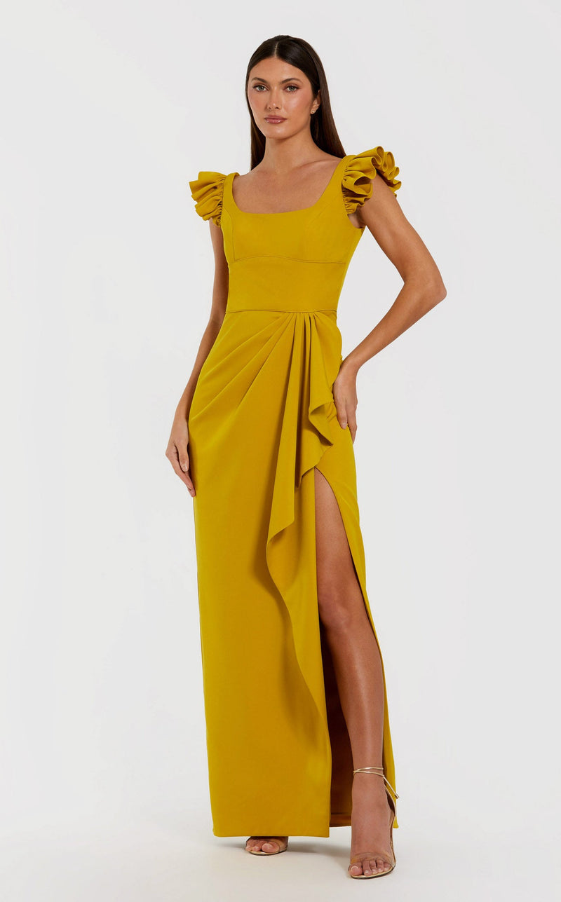 Yellow Square Neck Column Gown With Ruffle Detail