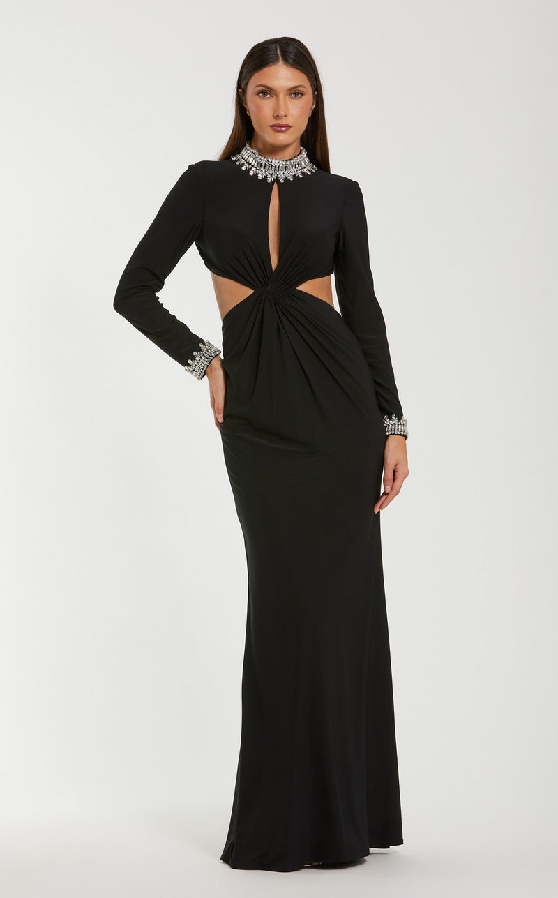 Mac Duggal Women's Embellished Jersey Long Sleeve Cut Out Evening Gown