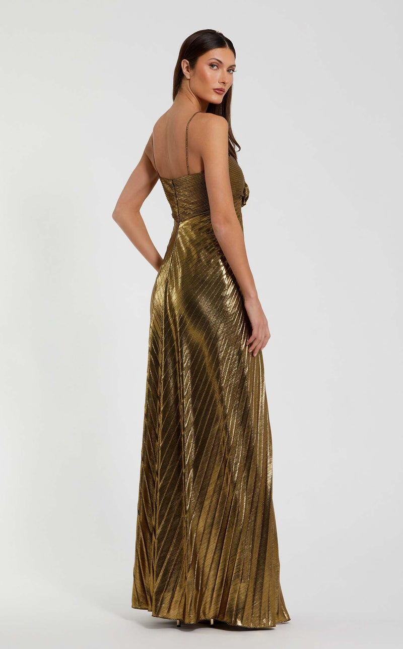 Mac Duggal Women's Thin Strap Pleated Metallic Gown With 3D Flower - Gold - Size 14
