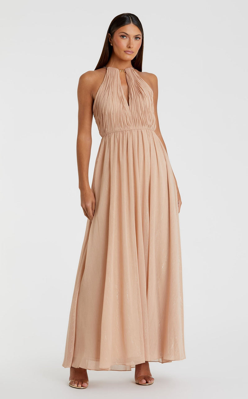 mac duggal brown dress Ieena for - Beige Chain Trim Keyhole Halter Neck A Line Gown size-5-6y a black formal dress Blue Coast Printed Stripe Color:Charcoal / White