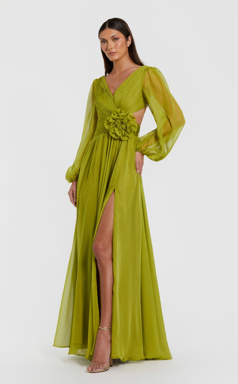 Mac Duggal Women's Long Sleeve V Neck Chiffon Gown With 3D Flower - Green - Size 12