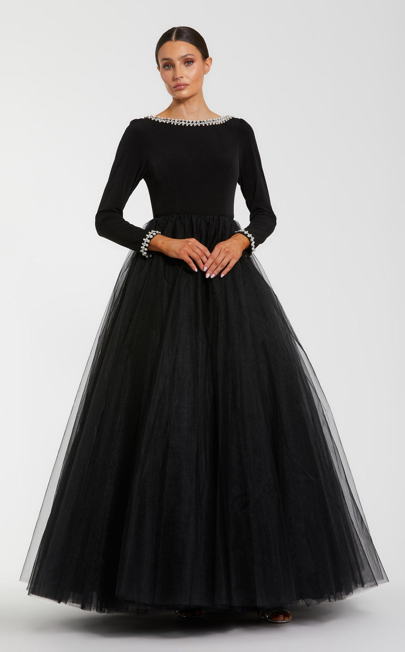Mac Duggal Women's Embellished Jersey Long Sleeve Ballgown With Tulle Skirt - Black