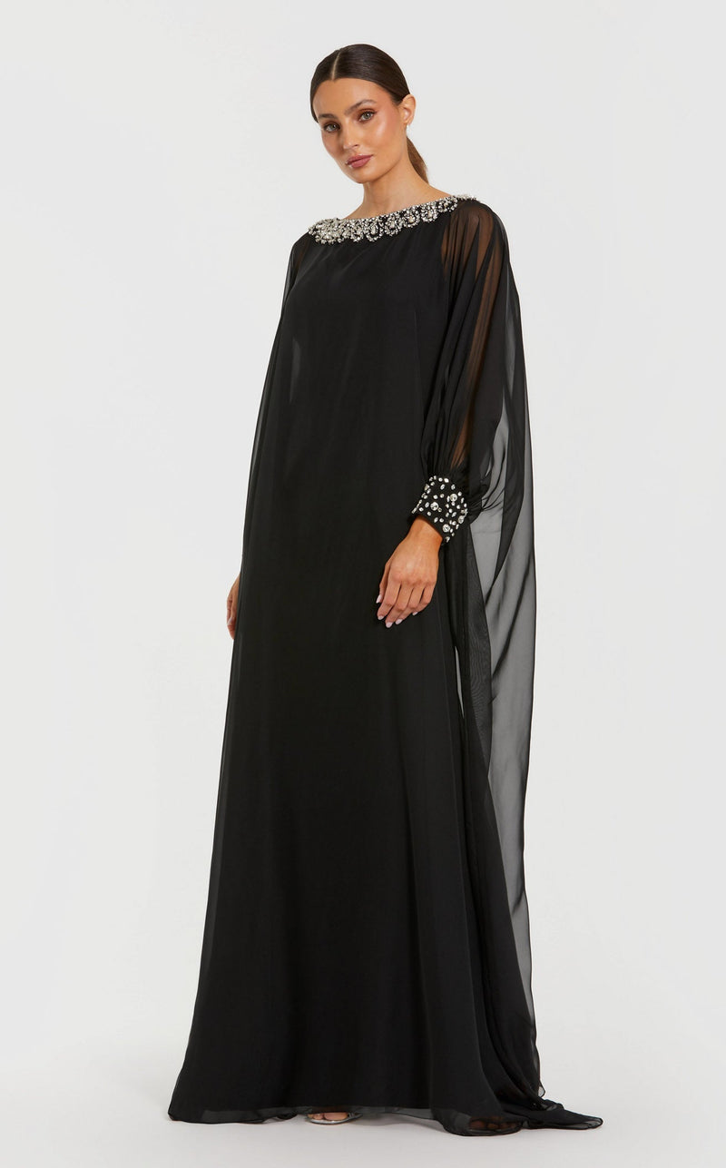 mac duggal dresses black Women's Chiffon Long Sleeve Kaftan Gown with Beaded Neckline size-44-x-32 Women's Size:8.5 Black Lace Dresses | Make a grand entrance