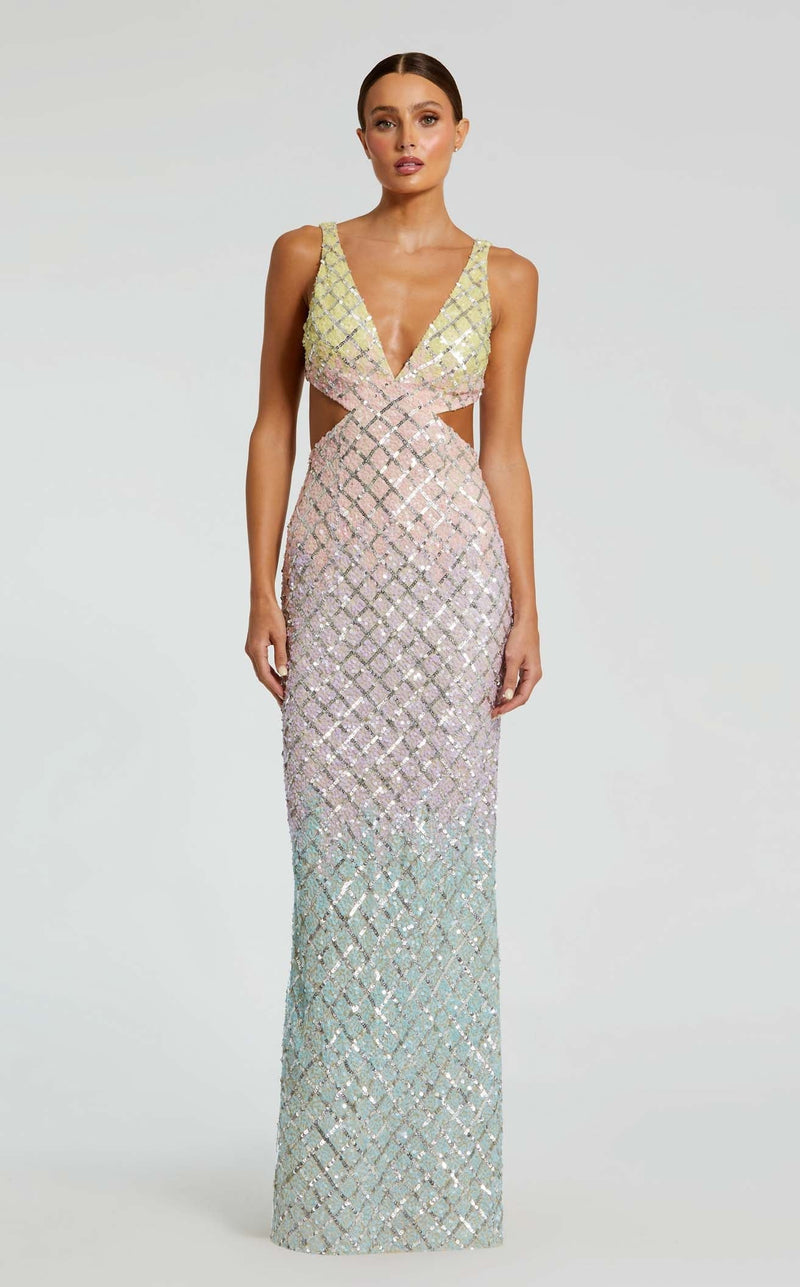 mac duggal sequin dress Sleeveless Surplice V Neck Wrap Over A-Line Gown This dazzling piece showcases a curve Beige Sequin Dress with Beaded