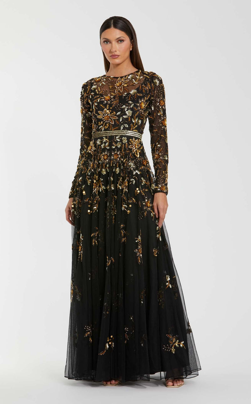 mac duggal black and gold dress Hand Embellished Long Sleeve A Line Gown Purple Prom dresses rise square back Color:Multi Azazie Ari