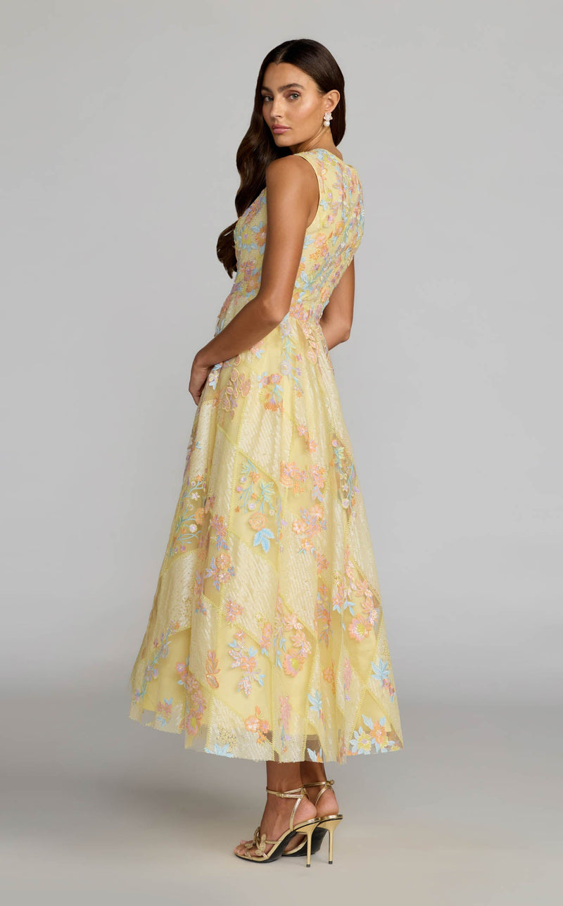 Yellow Sleeveless Embroidered A-Line Midi Dress