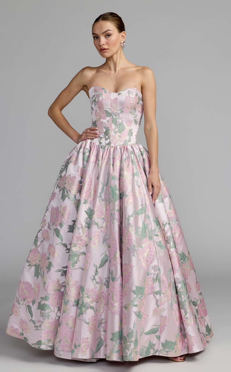 Pink Floral Strapless Ball Gown With Pockets
