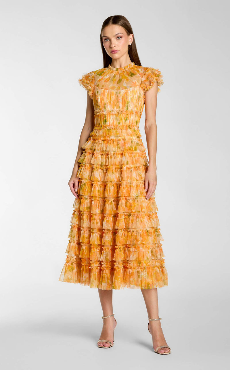 Mac Duggal Women's Mesh Micro Ruffle High Neck Cap Sleeve Midi Dress - Yellow - Size 8