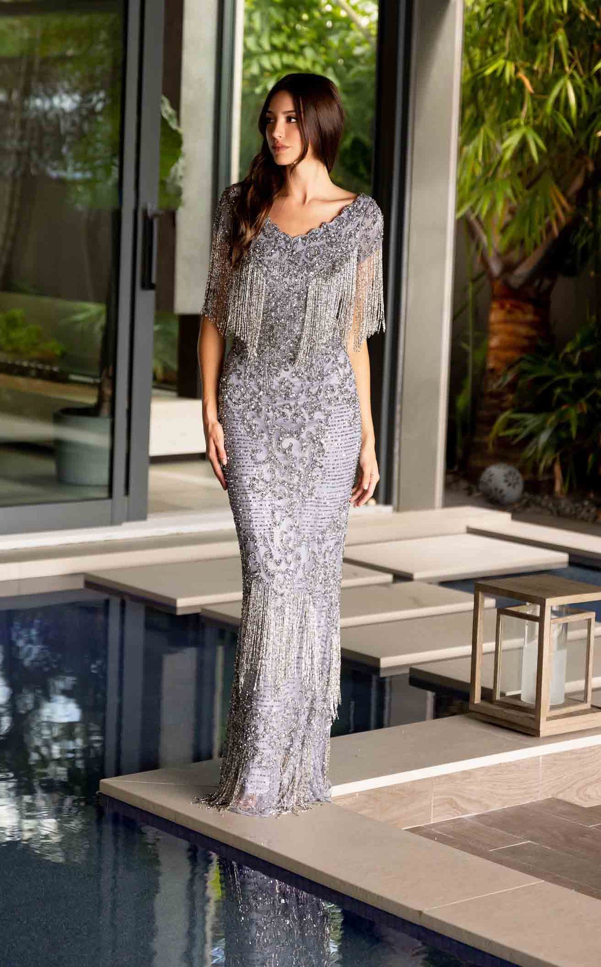 pewter evening dress Colette CL5101 Long Formal Glitter Prom Beaded Ball Gown