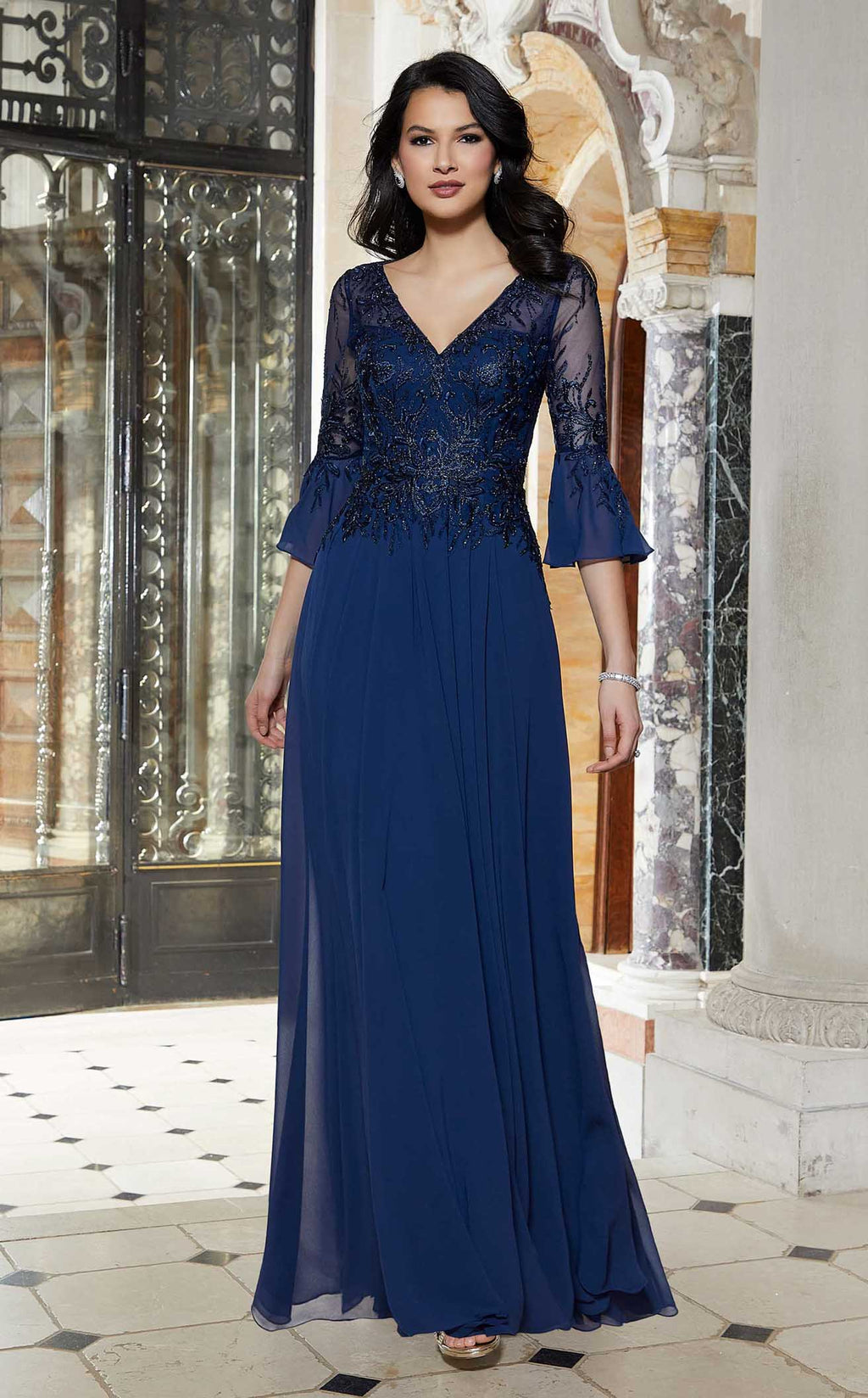 navy blue mother of the bride dress with jacket 2-Piece Square Neck 3/4 Sleeve Floor-Length Mother of the Bride Dress Set  with Jacket Lace & Sequins
