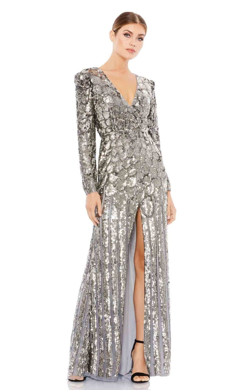 mac duggal silver sequin dress Silver Sequined One Shoulder Draped Back Gown