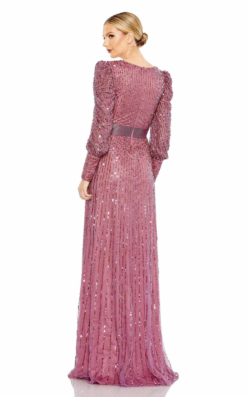 mac duggal pink sequin dress Pink Sequined High Neck Flutter Sleeve A Line Gown