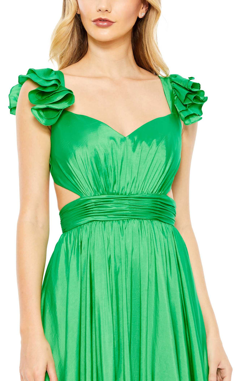 mac duggal lime green dress Ieena for Mac Duggal - Green Ruched High-Low Sheath Dress with Feather Trim