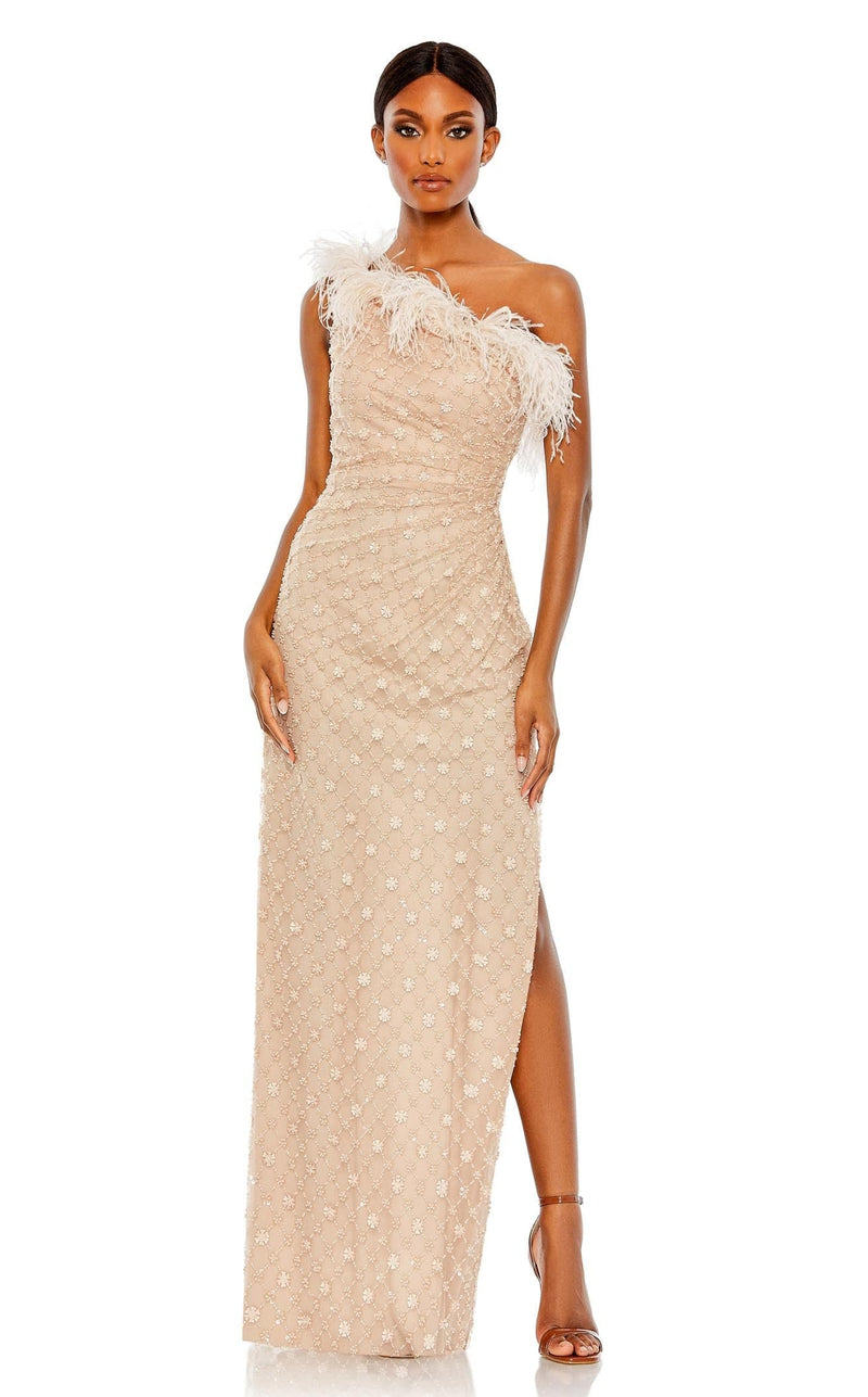 mac duggal beige dress Beige Embellished Mesh Fitted Midi Dress With Sheer Panels