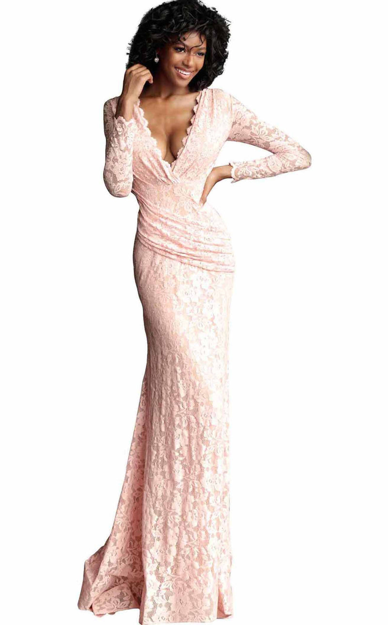 jovani peach lace dress Long Lace Prom Dress: Jovani D5009 Peach / 6