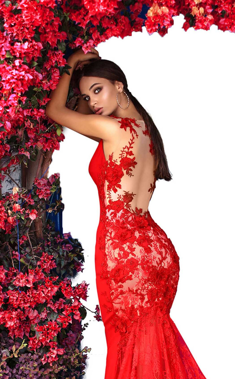 tarik ediz red lace dress Tarik Ediz Gown 93627 Dress Prom Formal Engagement Designer Red Lace