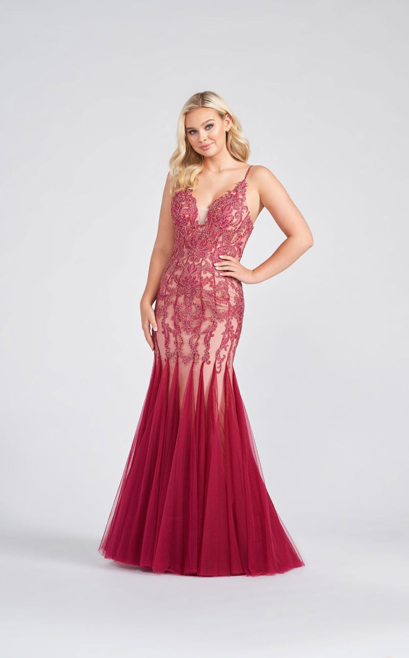 ellie wilde burgundy dress Ellie Wilde EW36083 A Line Lace Long Formal Prom Dress