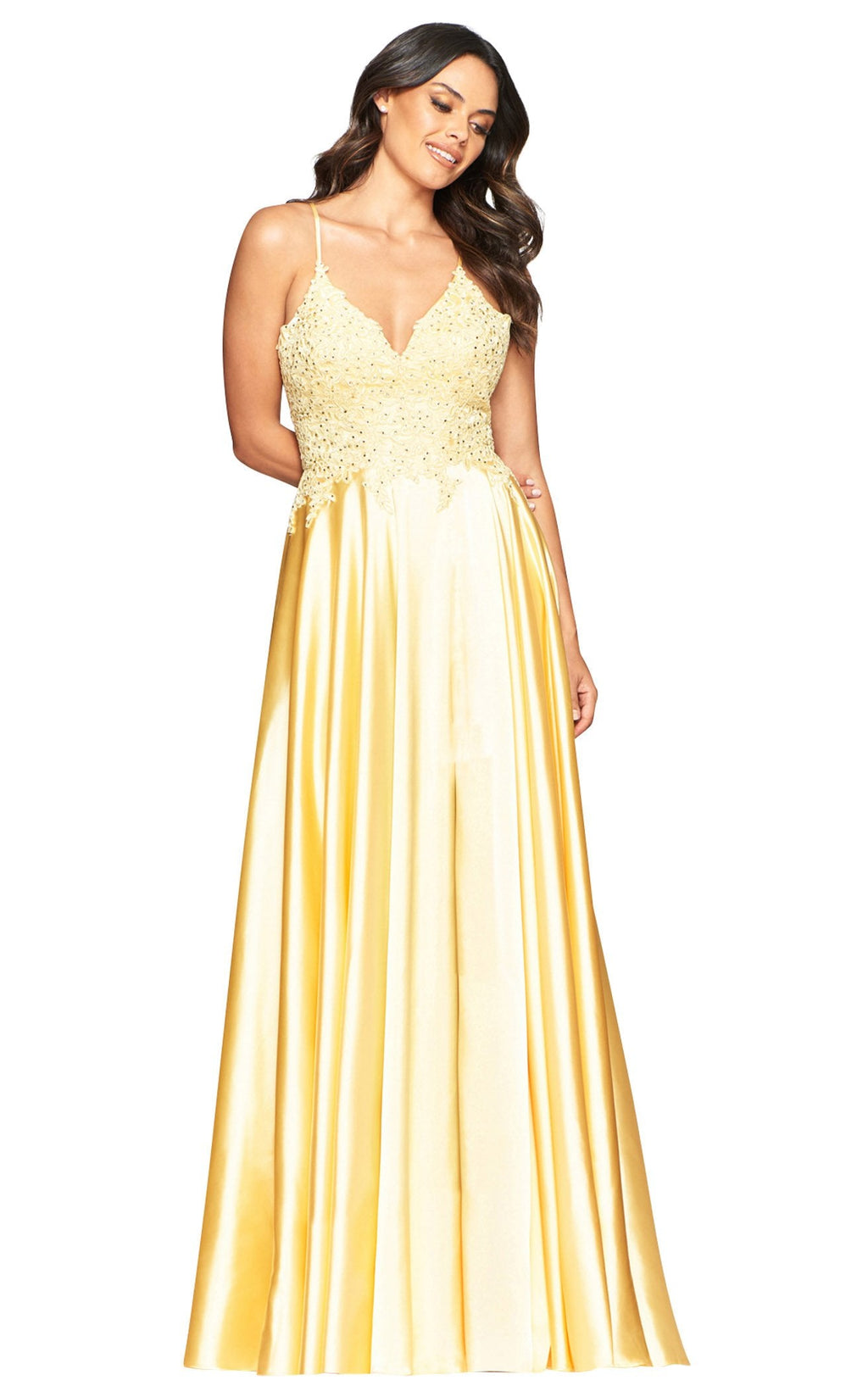 open lace back dress Yellow Prom Dress 2023 Halter Neck Sequin with Ruffles – AnnaCustomDress main image 1