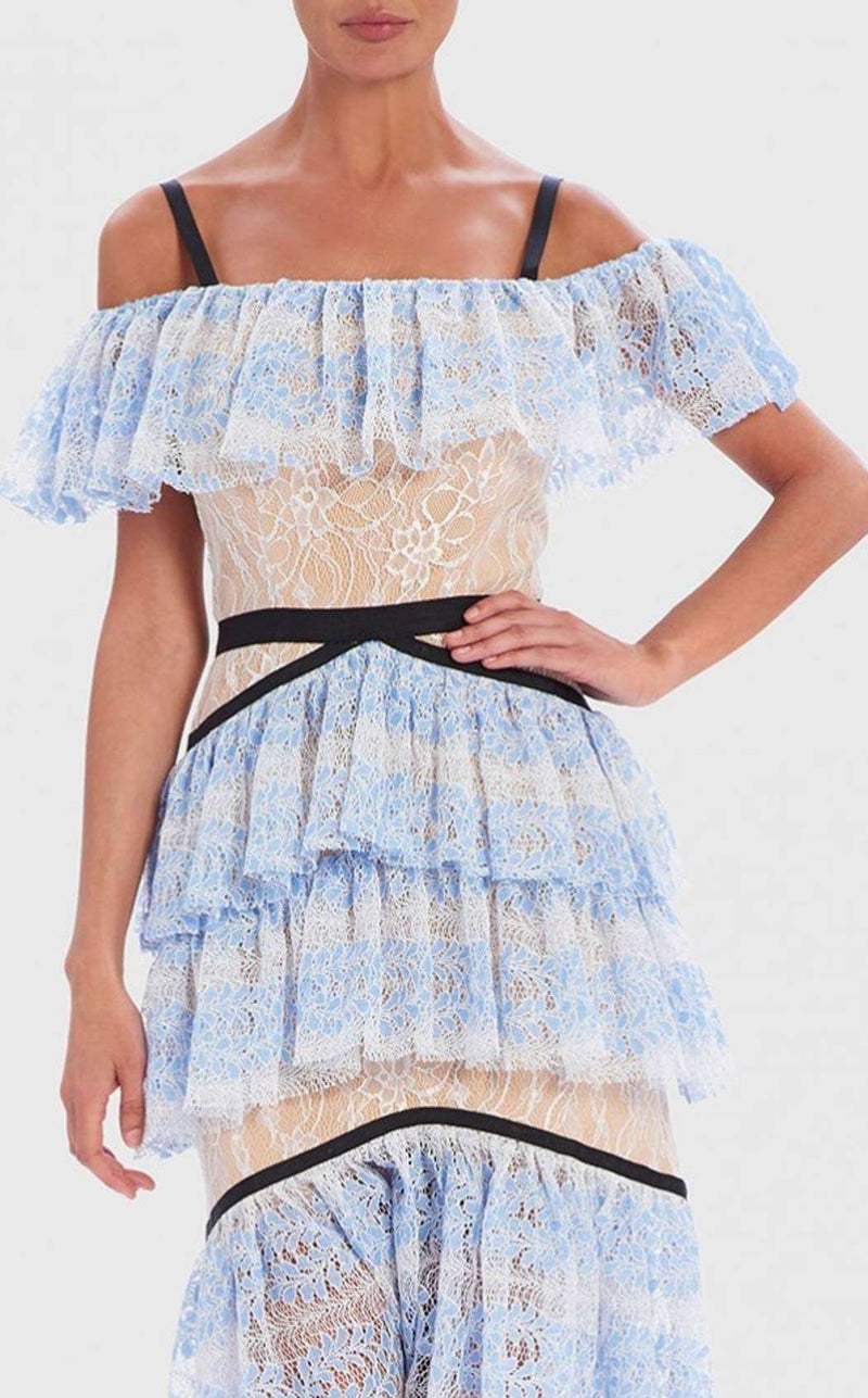 forever unique blue lace dress Printed Ruffled Lace Maxi Dress